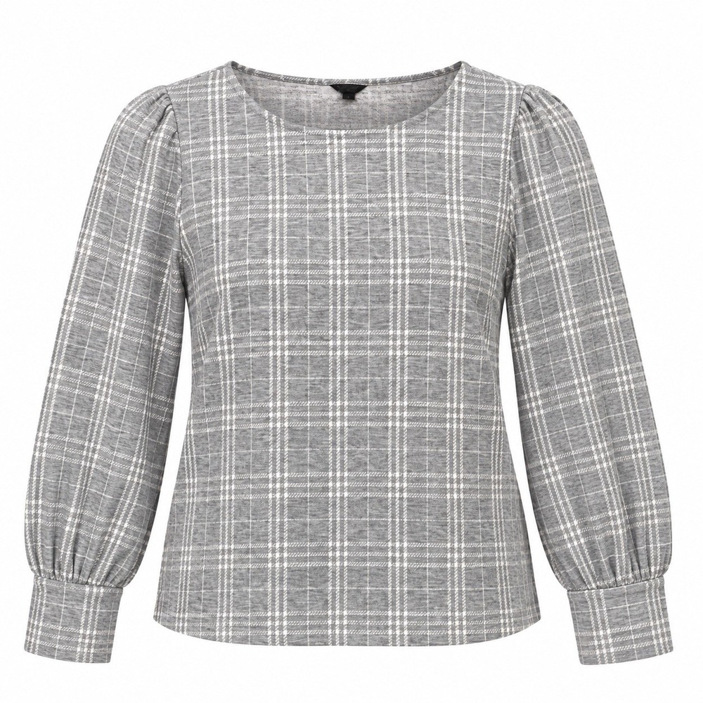 Ann Taylor Medium Petite Gray Plaid 3/4 Sleeve Chic Casual Blouse Work Preppy